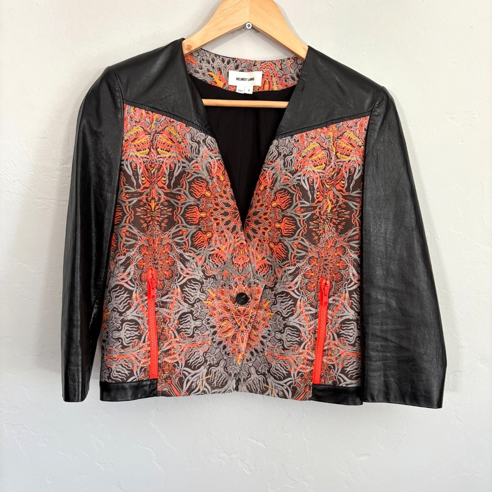 Helmut Lang Lamb Leather Jacket Women Size 2 Black Neon Jacquard - Picture 1 of 11